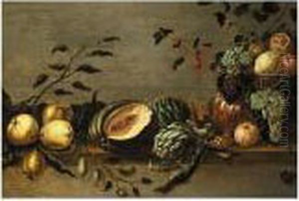 Still Life Of Grapes,
Pomegranates, And Currents In A Bronze Bowl With A Melon, Artichokes,
Pears, And Plums On A Wooden Table - view 1