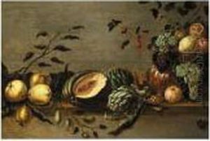 Still Life Of Grapes,
Pomegranates, And Currents In A Bronze Bowl With A Melon, Artichokes,
Pears, And Plums On A Wooden Table by Adriaen van Utrecht