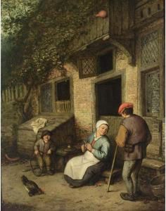 A Man And A Woman Conversing Outside A House, A Boy Playing With A Hoop Nearby