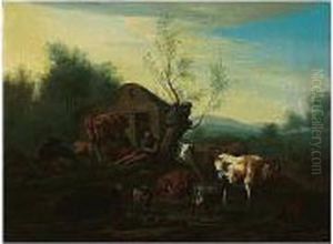 A Pastoral Landscape With A Herdsman Guarding His Cattle thumbnail