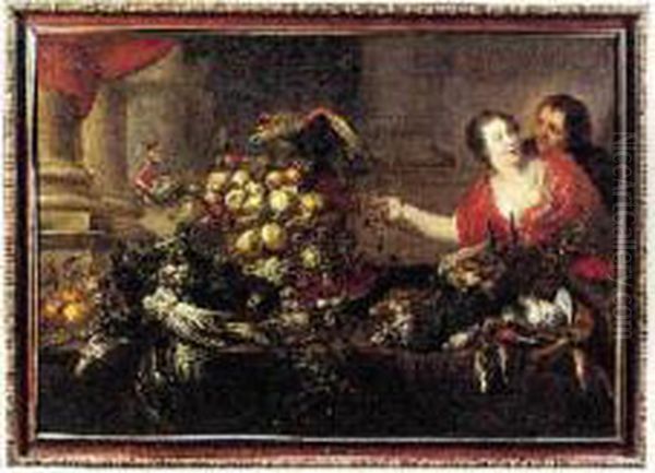 Couple Pres D'une Table Garnie De Legumes,fruits Et Gibiers - view 1