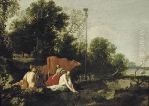 An Arcadian Wooded Landscape 
With Nymphs And Cattle, A Figure Dancing Around A Maypole Beyond