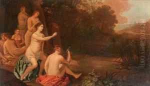 Nymphs Bathing In A Landscape by Moyses or Moses Matheusz. van Uyttenbroeck