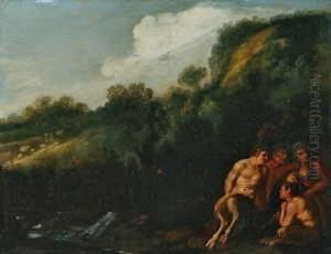 Satyrn Und Nymphe In Flusslandschaft. by Moyses or Moses Matheusz. van Uyttenbroeck