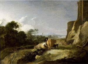 A Southern Wooded Landscape With Shepherds And Their Herd Near Ruins by Moyses or Moses Matheusz. van Uyttenbroeck