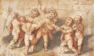 A Group Of Children Enacting The Triumph Of Silenus by Moyses or Moses Matheusz. van Uyttenbroeck
