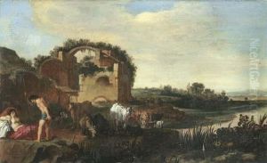 An Italianate Landscape With Shepherds Resting With Their Cattle Near A Ruin