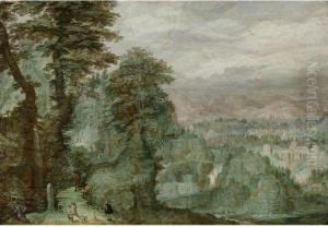 An Extensive Wooded Landscape With Travelers On A Path by Frederik van Valkenborch