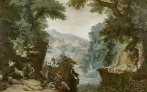 Forest Landscape With Herdsmen And Hunters by Frederik van Valkenborch