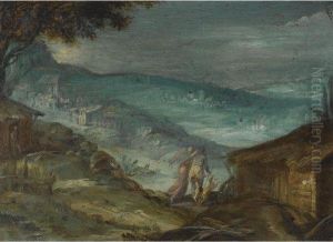 An Extensive Mountainous Landscape With Tobias And The Angel