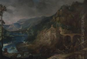 Felsige Flusslandschaft Mit Figurenstaffage.