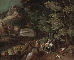 A Wooded River Landscape With A Hunting Party On A Track