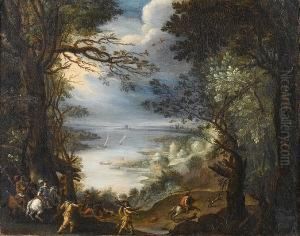 Noblemen Hunting Deer In A Wooded Landscape With An Estuary Beyond