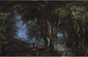 A River Through A Forest At Night With Hunters Landing On The Shore In The Foreground by Frederik van Valkenborch