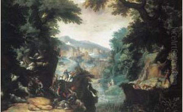 Bergers Et Chasseurs Dans Un Paysage De Foret Devant Une Ville - view 1
