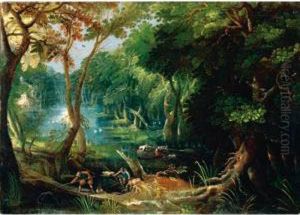 A Wooded River Landscape With Sportsmen And Fishermen by Frederik van Valkenborch