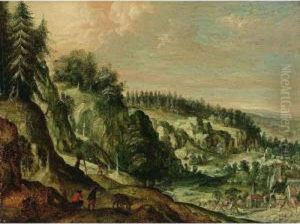 A Rocky Landscape With Travellers On A Path And A Village In A Valley by Frederik van Valkenborch