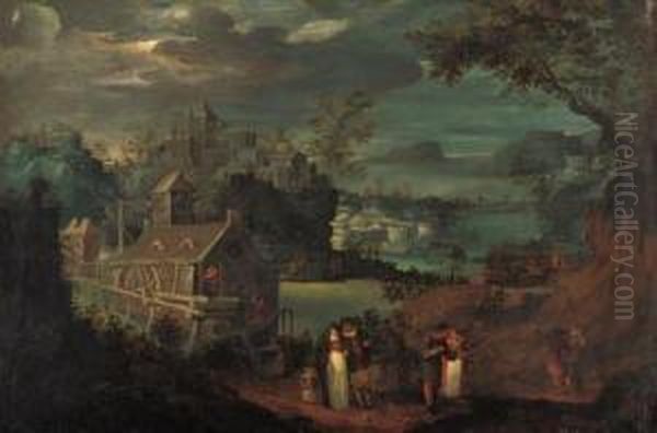 A Mountain River Landscape With Elegant Company On A Path, A Milland A Town Beyond - view 1