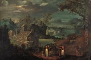 A Mountain River Landscape With Elegant Company On A Path, A Milland A Town Beyond