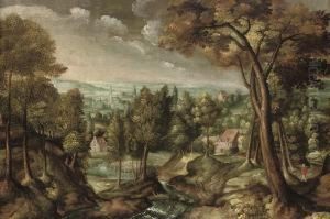 An Extensive Wooded River Landscape With A Traveller On A Track, Atown Beyond by Lucas van Valckenborch