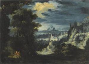An Extensive Landscape With Travellers In The Foreground by Lucas van Valckenborch