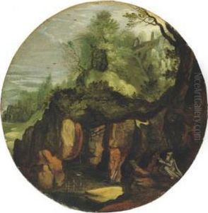 A Rocky Landscape With A Hermit Saint Reading Underneath Atree