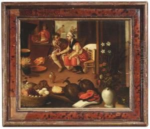 A Kitchen Interior. Oil/oak by Lucas van Valckenborch