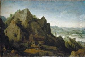 An Extensive Mountainous Landscape With Figures Before An Iron Foundry