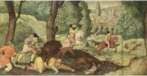 A Wooded Landscape With Horsemen On A Boar Hunt by Lucas van Valckenborch