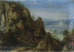 A Rocky Landscape With Travellers On A Path And A Water Mill Beyond by Lucas van Valckenborch