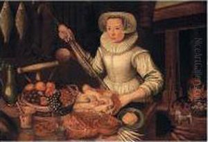 Kitchen Interior With A Maid Preparing Food by Lucas van Valckenborch