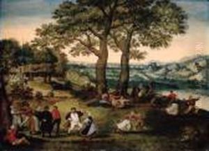 A Village Kermesse, A Church And Mountainous Landscape Beyond