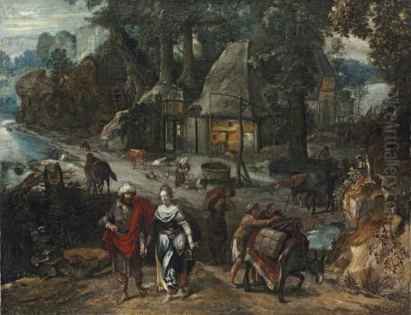 A Hamlet In A Wooded Clearing With Jacob And Rachel, Flocks At A Well Beyond - view 1