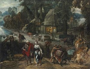 A Hamlet In A Wooded Clearing With Jacob And Rachel, Flocks At A Well Beyond