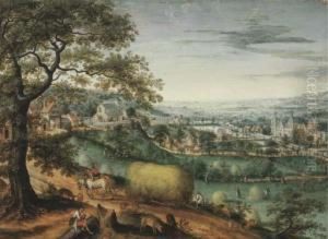 An Extensive River Landscape With Peasants Haymaking, A View Ofarenberg Castle Beyond