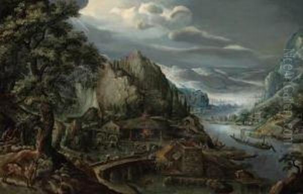 A Mountainous River Valley, With An Iron Foundry, A Town In The Distance - view 1