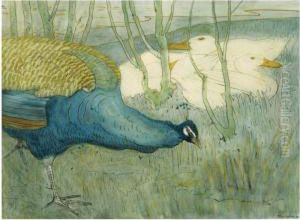 Peacock And Ducks On A Riverbank by Theodorus Van Hoytema