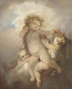 Three putti playing with a garland of flowers