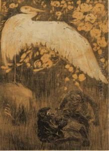 Reiger Met Uitgestoken Vleugel Waaronder Drie Aapjes Spelen by Theodorus Van Hoytema