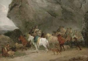Cavalry men approaching gypsies by a grotto
