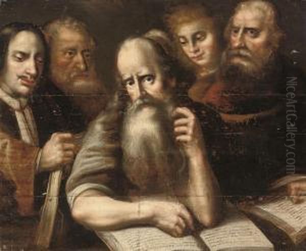 Philosophers Transcribing Texts At A Table - view 1
