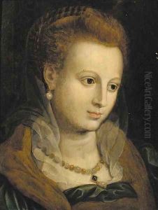 Portrait of a lady, bust-length, wearing a pearl necklace by Frans Floris