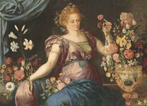 A woman seated with ornamental vases of flowers by Frans Floris