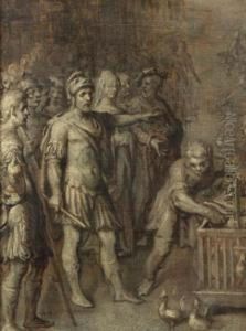 Julius Ceasar Consulting The Oracle Of The Holy Chickens - Engrisaille by Otto van Veen
