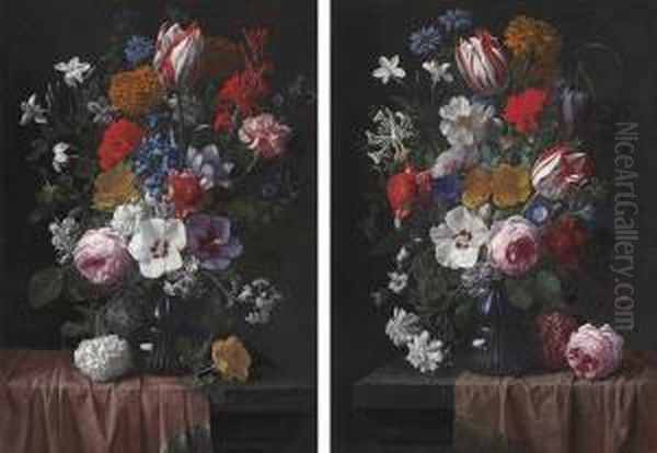 Peonies, Tulips, Morning Glory 
And Other Flowers In A Blue Glassvase, With A Rose On A Stone Ledge; And
 Peonies, Tulips, Carnationsand Other Flowers In A Blue Glass Vase, With
 A Hydrangea On A Stoneledge - view 1