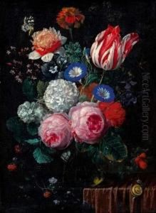 Vase De Fleurs Avec Un Papillon
Et Une Branche De Ronces Pose Sur Un Entablement Recouvert D'un Drape
Rouge, Avec Un Escargot by Nicolas Van Veerendael