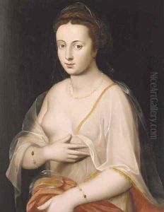 Portrait of a lady, half-length, wearing a pearl necklace, bracelets and a gossamer wrap by Frans Floris
