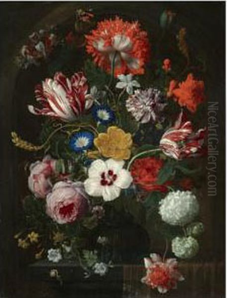 Still Life With A Bouquet Of 
Flowers In A Glass Vase, Including Roses, Morning Glory, Parrot Tulips 
And Snowballs, Arranged On A Partly Draped Stone Ledge With A Snail - view 1