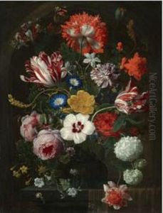 Still Life With A Bouquet Of 
Flowers In A Glass Vase, Including Roses, Morning Glory, Parrot Tulips 
And Snowballs, Arranged On A Partly Draped Stone Ledge With A Snail by Nicolas Van Veerendael