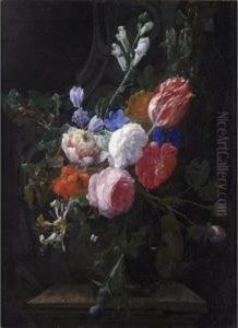 A Still Life Of Roses, A Tulip,
Honeysuckle And Other Flowers, With A Sculpted Stone Ornament In The
Background by Nicolas Van Veerendael